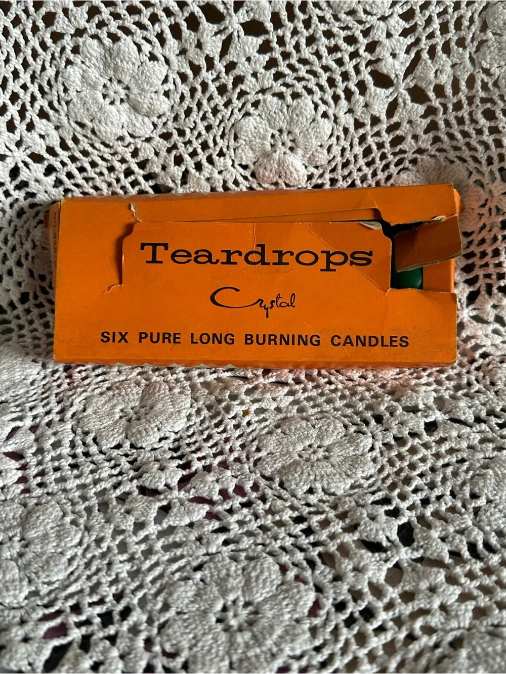 Vintage Teardrops Crystal Candle Box with 6 green bulb candles, MCM Christmas
